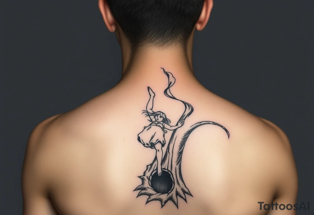 Alice in wonderland brunette falling down the tree hole smoking a cigarette and it creates a trail of smoke tattoo idea