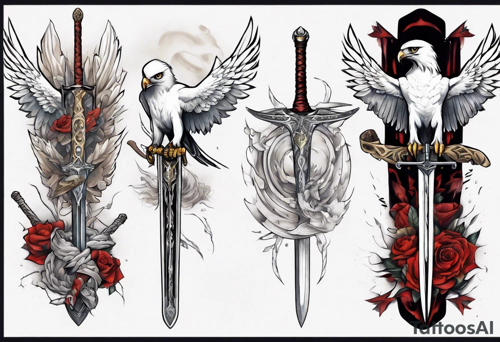A white hawk holding a sword tattoo idea