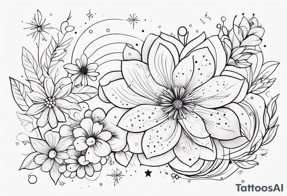 fine line different floral with stars, swirls, dots tattoo idea
