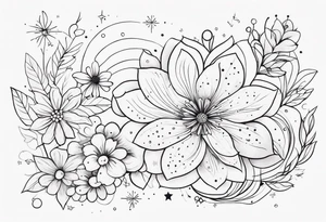 fine line different floral with stars, swirls, dots tattoo idea