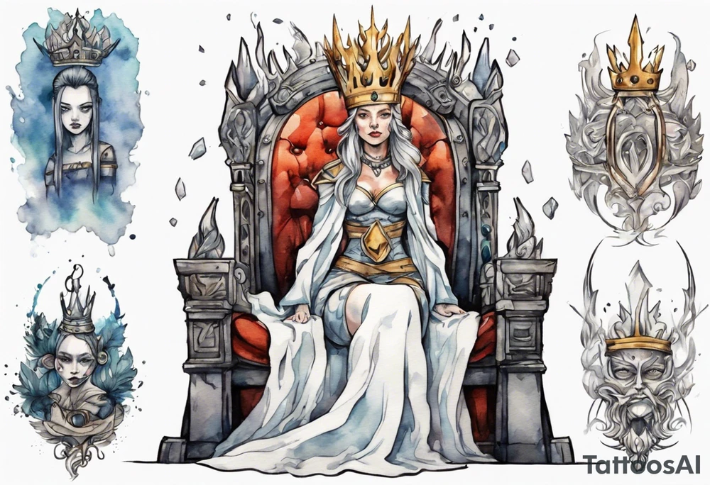 a norse queen with an iron crown sitting on a throne tattoo idea