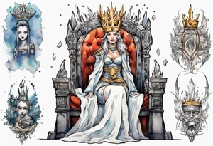 a norse queen with an iron crown sitting on a throne tattoo idea