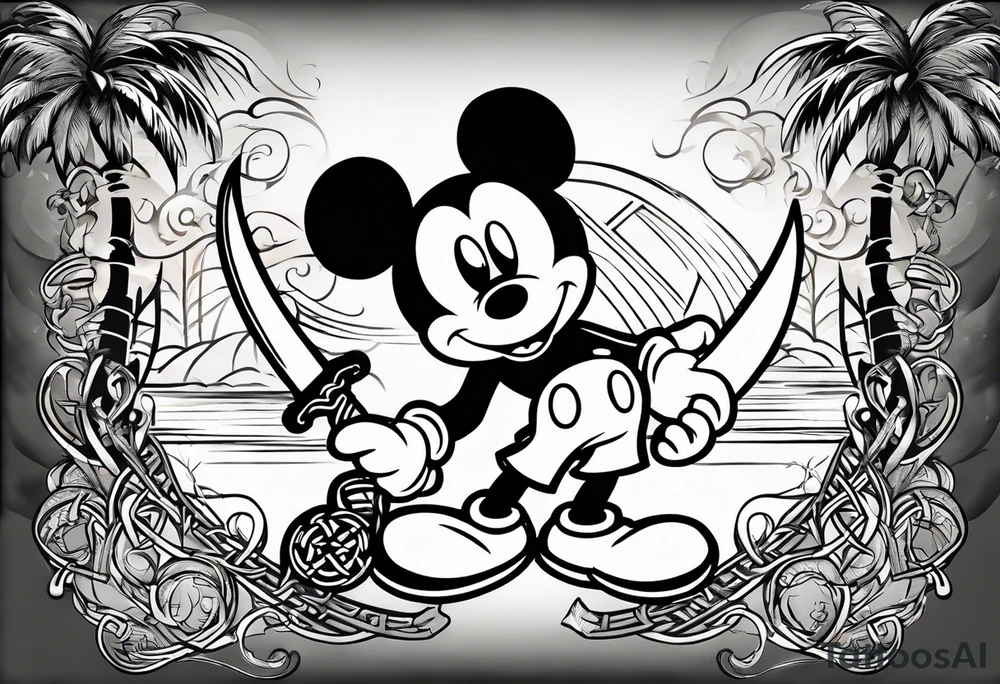 mickey mouse holding a karambit knife in one hand and a rattan stick in the other hand with palm trees and the celtic symbol for family tattoo idea