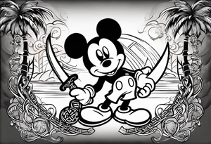 mickey mouse holding a karambit knife in one hand and a rattan stick in the other hand with palm trees and the celtic symbol for family tattoo idea