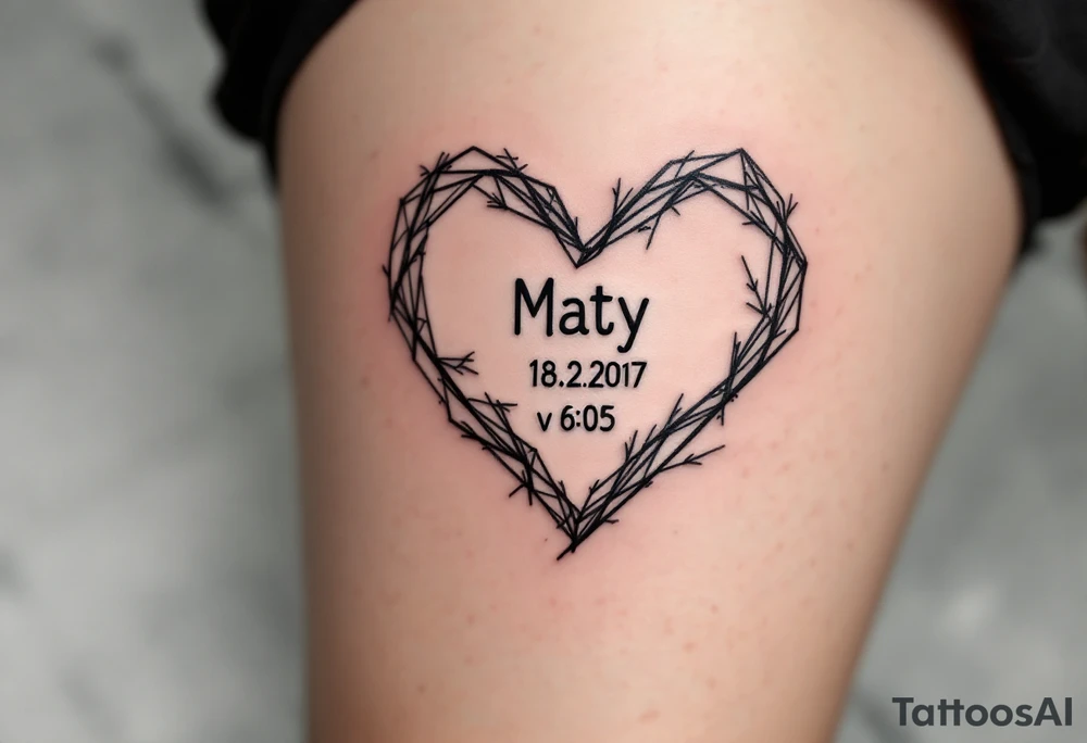 Minimalist line-art heart enclosing "Maty – 18.2.2017 v 6:05" in muted charcoal gray. tattoo idea