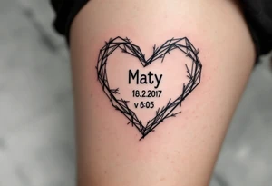 Minimalist line-art heart enclosing "Maty – 18.2.2017 v 6:05" in muted charcoal gray. tattoo idea