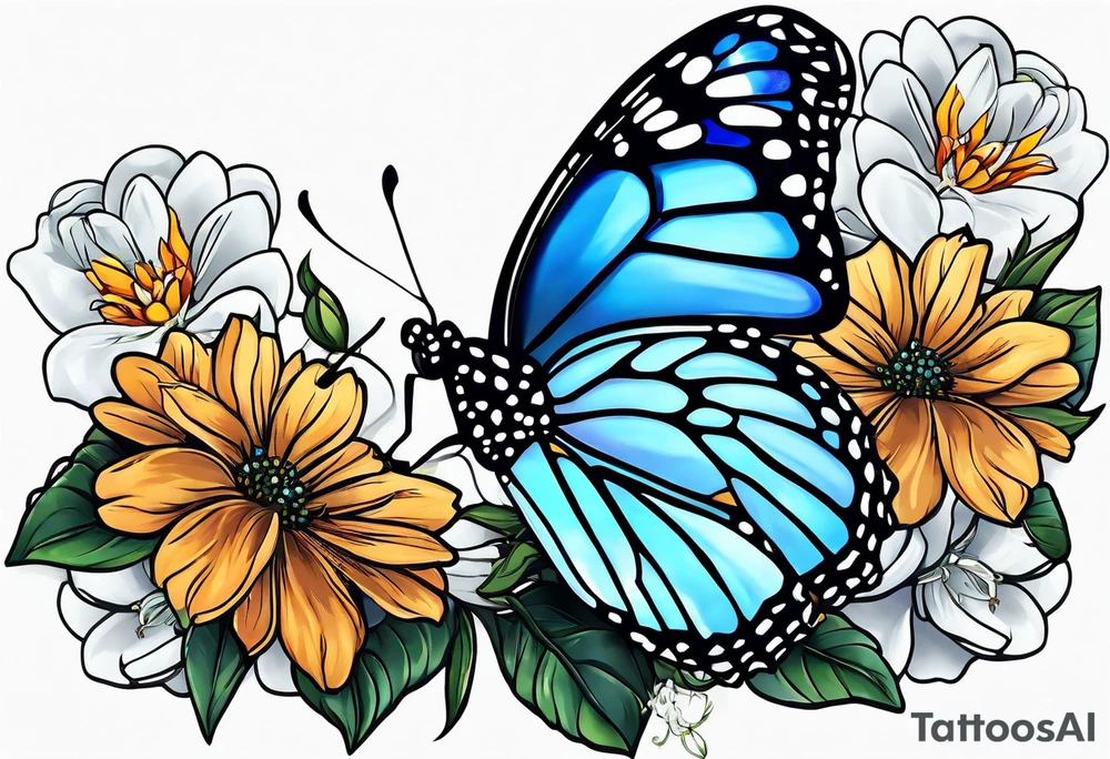 blue monarch butterfly on a line of flowers tattoo idea