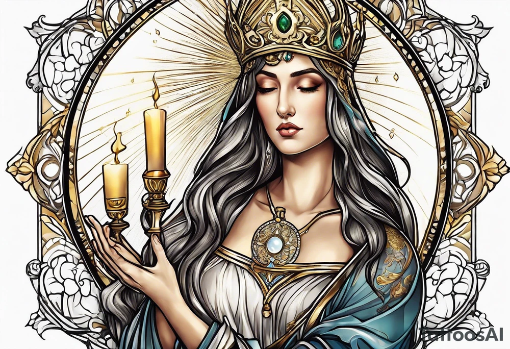 holy saint woman turned away with golden halo holding a chalice tattoo idea