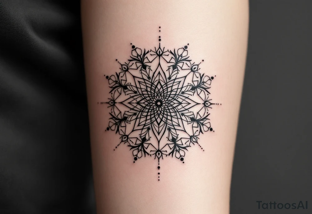 simple, minimalist tattoo, sacred geometry mandala, centerpiece design, dotwork patterns, radiating geometry, symmetrical mandala, geometric shapes, intricate dotwork, sacred patterns, mandala center, geometric radiating, fine line work, black grey shading, minimalist design, no outlines, arm placement, delicate linework, precise geometry, clean symmetry, sacred symbols, geometric precision, dotwork details, mandala focal point, refined patterns, understated complexity, geometric harmony, minimalist tattoo idea