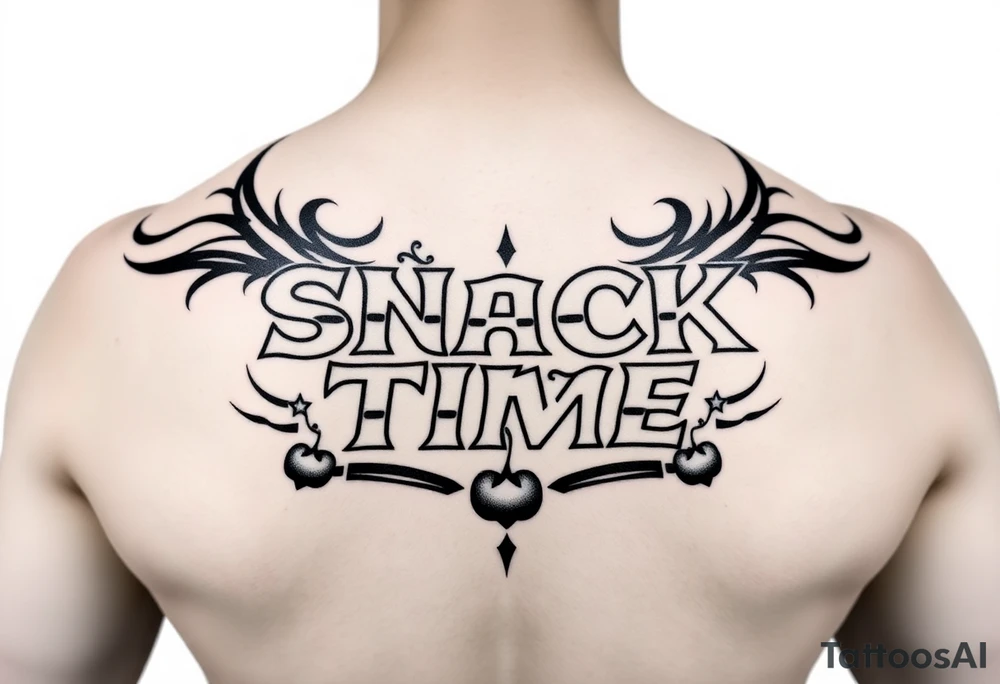 Pretty letters with lots of swooshes saying snack time with cupcakes, cherries and stars tattoo idea