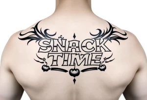 Pretty letters with lots of swooshes saying snack time with cupcakes, cherries and stars tattoo idea