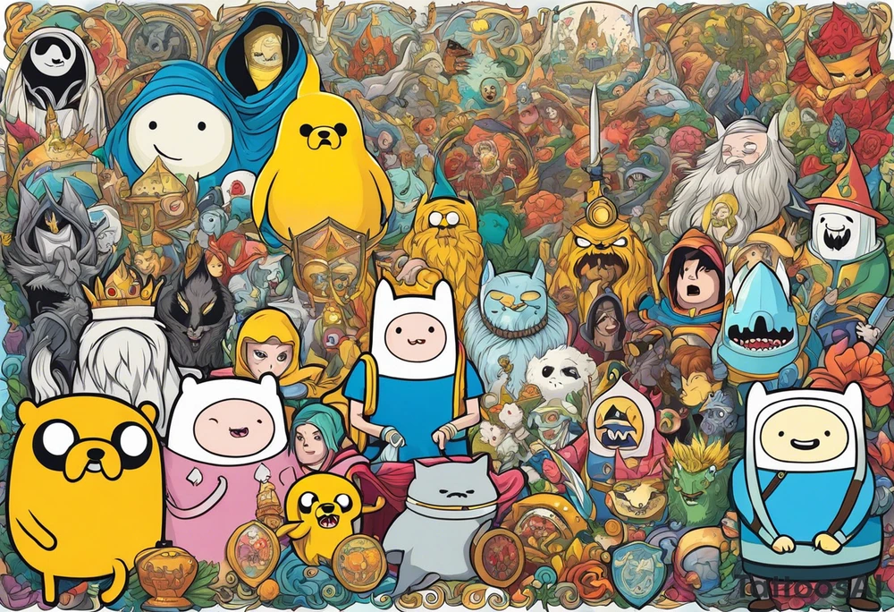 Full sleeve with adventure Time Characters, Finn, Jake, Lich King tattoo idea