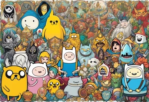 Full sleeve with adventure Time Characters, Finn, Jake, Lich King tattoo idea