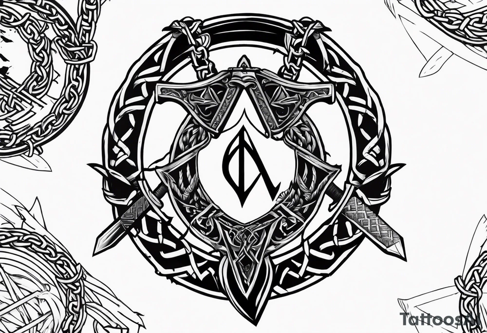 Valhalla sword shield dragon axe Valknut barbed wire chains fire tattoo idea Valhalla sword shield dragon axe Valknut barbed wire chains fire tattoo idea