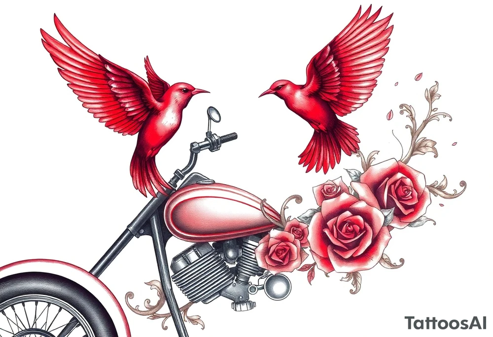 Motorcycle, red bird flying, roses and lace, flames tattoo idea