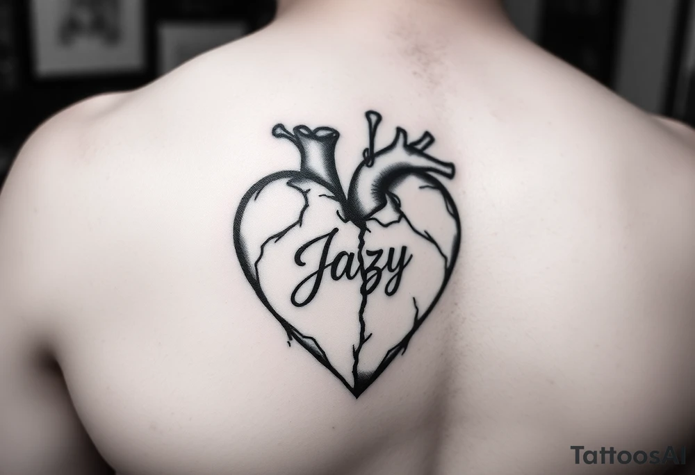 upper arm tattoo -broken heart of a deceased best friend with the name Jazy incorporated tattoo idea