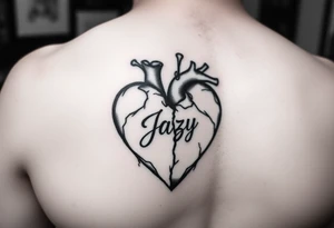 upper arm tattoo -broken heart of a deceased best friend with the name Jazy incorporated tattoo idea
