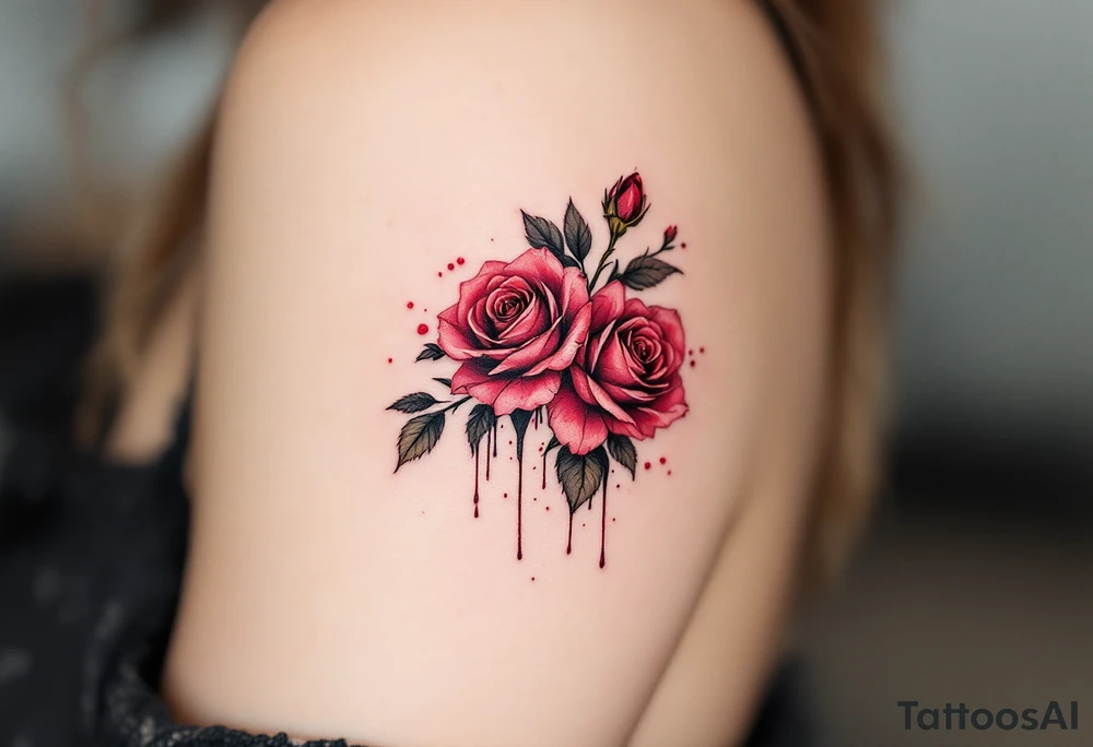 Tiny roses with dripping ink style, done in dark crimson and black, placed behind the ear. tattoo idea