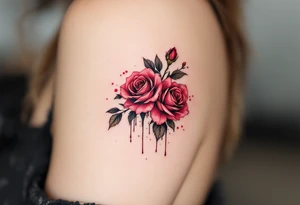 Tiny roses with dripping ink style, done in dark crimson and black, placed behind the ear. tattoo idea