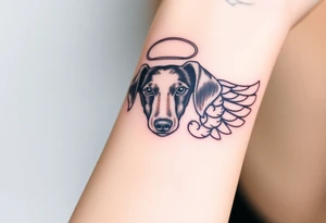 Dachshund ears inside wings with a halo above tattoo idea