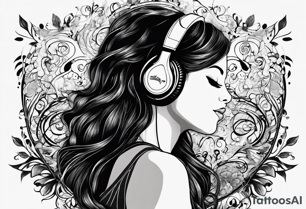 This quote “One good thing about music is when it hits you, you feel no pain” as a shadow from a girl listening to music along a dark road tattoo idea