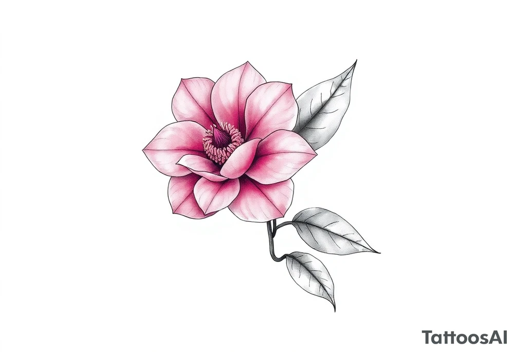 pink camelia flower with leaves and stem tattoo idea