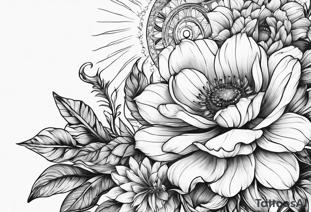 solar system with flowers spine tattoo idea