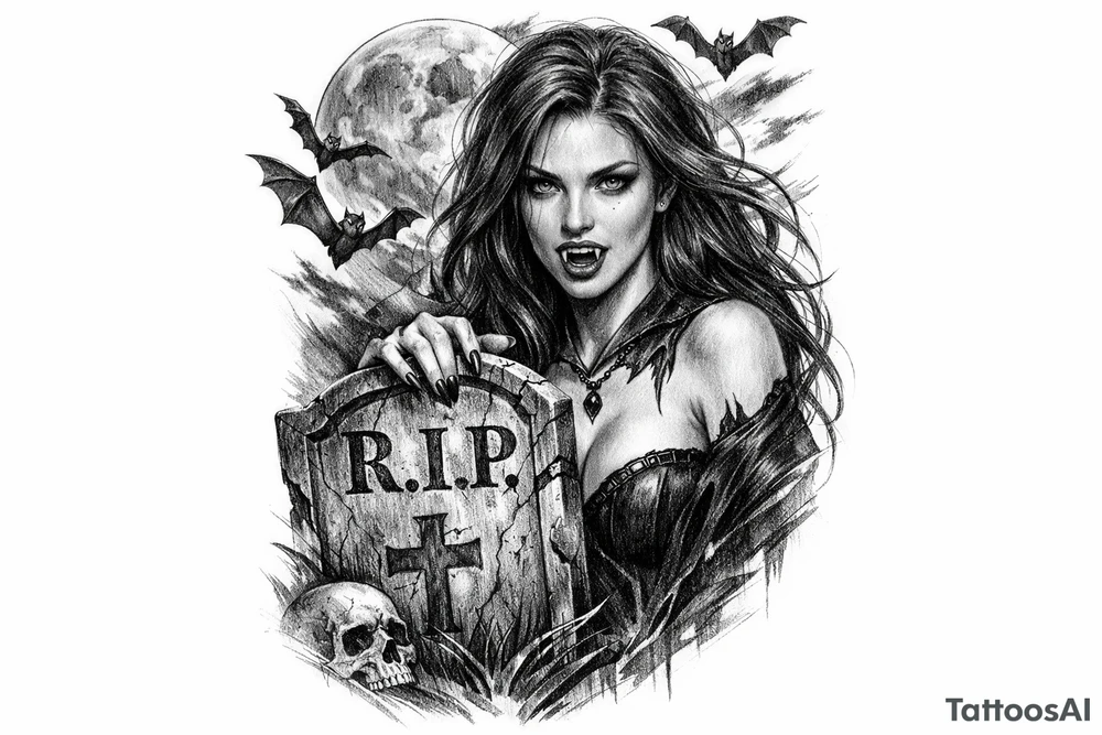 female vampire,bats,full moon,a gravestone. tattoo idea