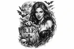 female vampire,bats,full moon,a gravestone. tattoo idea