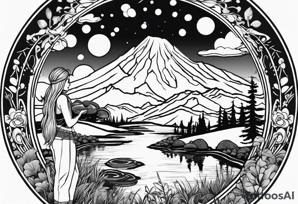 Whole picture encircled fully

Straight long blonde hair hippie girl in distance holding mushrooms in hand facing away toward mountains and creek surrounded by mushrooms long sleeve shirt and hiking pants; whole rendering within a full circle, no cut off circle tattoo idea