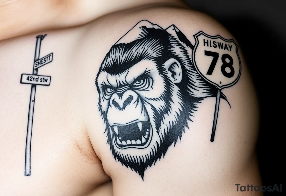 powerful aggressive gorilla with a street sign with a pole on the left that says 42nd st w, a highway sign on the right that says highway 78 and pyramids above the ape’s head that have snow on them all in close proximity. tattoo idea