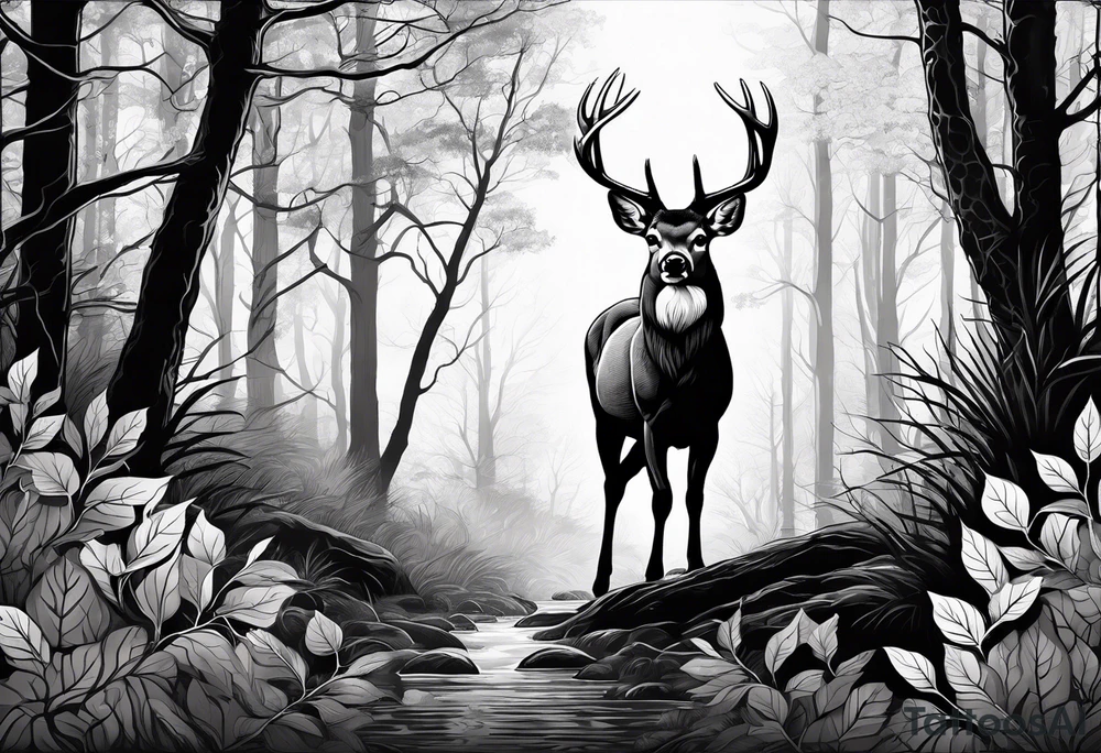 Black and white nature forest with whitetail buck fading through the leaves tattoo idea