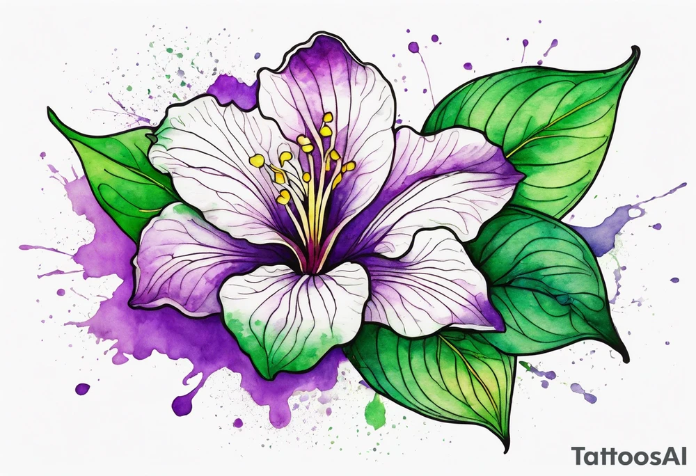An outline of a green rio dipladenia flower and a purple watercolor splash in the background tattoo idea