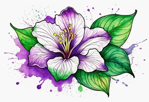 An outline of a green rio dipladenia flower and a purple watercolor splash in the background tattoo idea