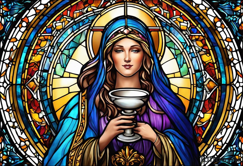 holy saint woman with halo stained glass holding a chalice tattoo idea