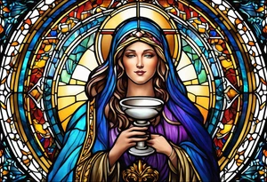 holy saint woman with halo stained glass holding a chalice tattoo idea