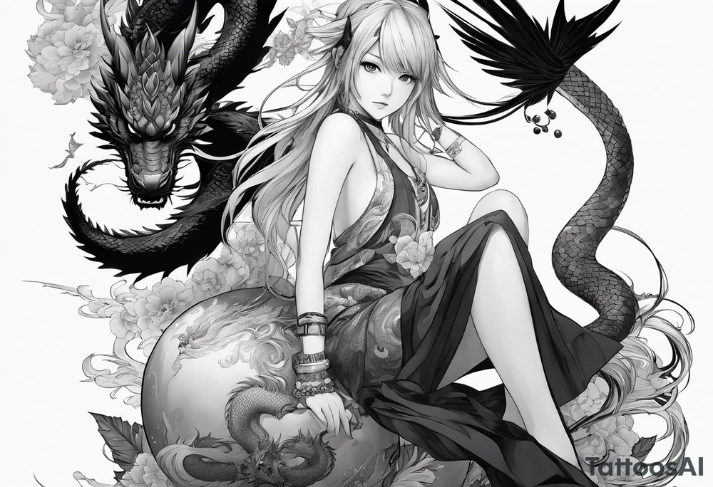 a full shot of an anime girl seen from far, sitting on a ball and surrounded by asian dragon with wings tattoo idea