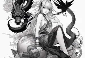 a full shot of an anime girl seen from far, sitting on a ball and surrounded by asian dragon with wings tattoo idea