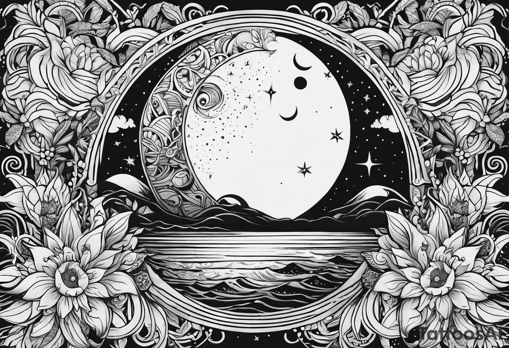 sleeve for my right arm 
Large designs 
Sun and moon spiritual 
Dark feminine without faces 
Shows how all things are connected 
Shows love for nature and the ocean 
Shows strength and bravery tattoo idea