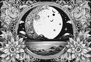 sleeve for my right arm 
Large designs 
Sun and moon spiritual 
Dark feminine without faces 
Shows how all things are connected 
Shows love for nature and the ocean 
Shows strength and bravery tattoo idea