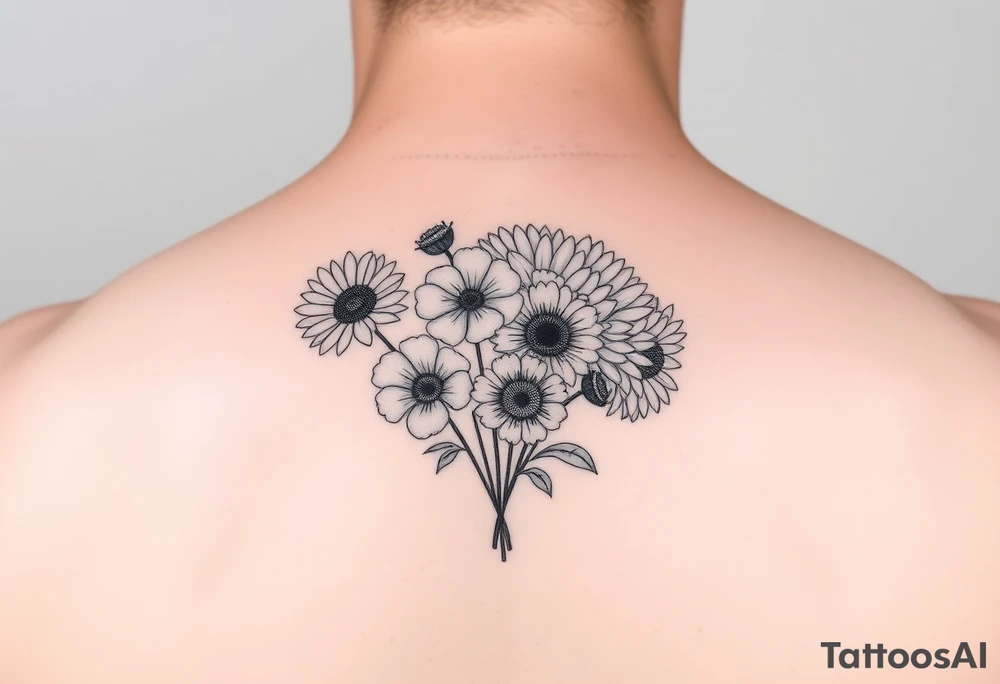 Simple minimalist line tattoo of flower bouquet in order of these flowers, daisy, cosmo, poppy, chrysanthemum, cosmo tattoo idea