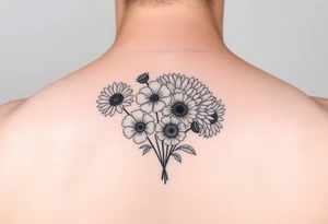 Simple minimalist line tattoo of flower bouquet in order of these flowers, daisy, cosmo, poppy, chrysanthemum, cosmo tattoo idea
