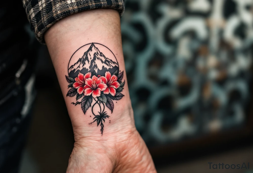 vertical wrist size red  and black rhododendron trippy with Himalayas behind tattoo idea