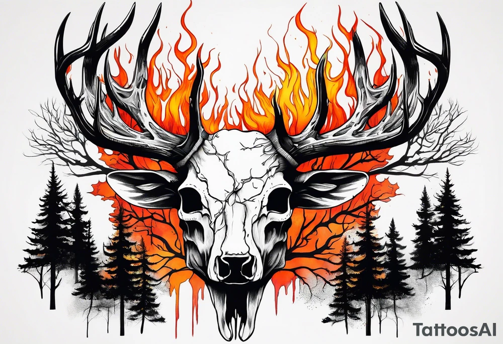 A side profile of decayed deer skull surrounded by trees and fire tattoo idea