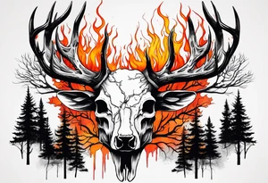 A side profile of decayed deer skull surrounded by trees and fire tattoo idea