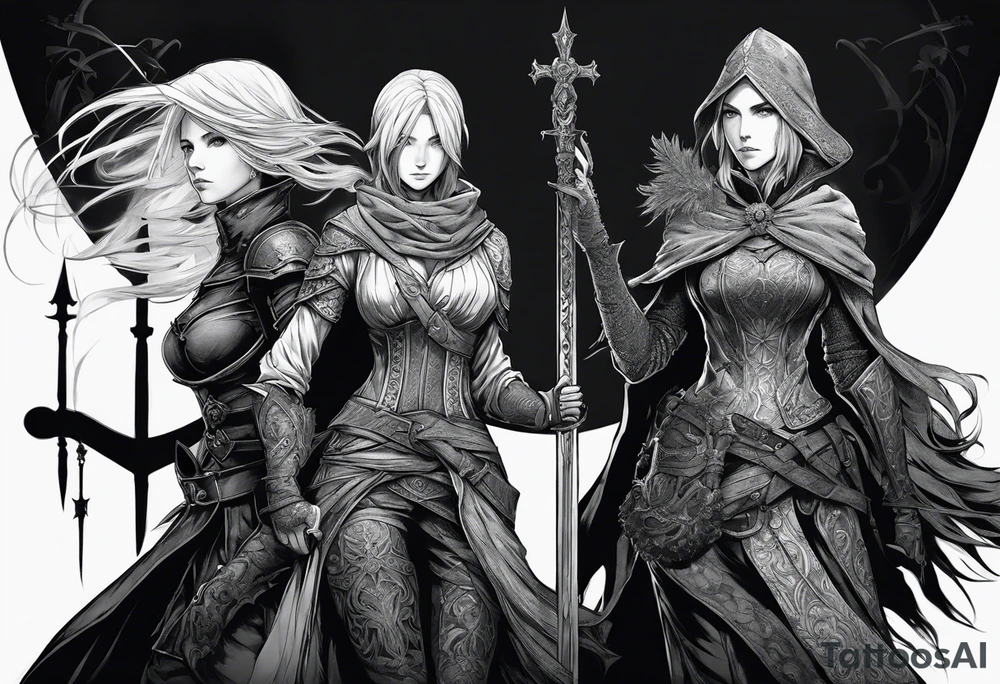 A tattoo picturing 3 women, Malenia from Elden ring, Lady Maria from bloodborne and Sister Friede from Dark Souls 3. Their backgrounds will be overlapping tattoo idea