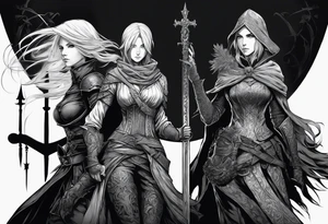 A tattoo picturing 3 women, Malenia from Elden ring, Lady Maria from bloodborne and Sister Friede from Dark Souls 3. Their backgrounds will be overlapping tattoo idea