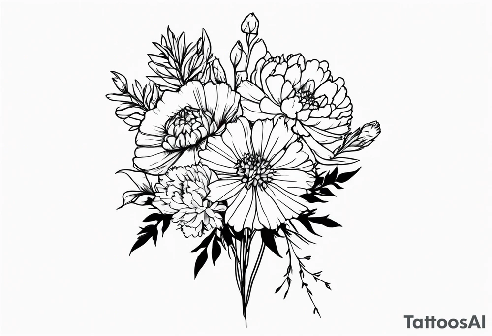 Bouquet with carnation, larkspur, chrysanthemum tattoo idea