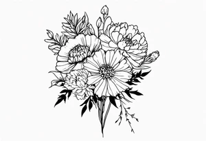 Bouquet with carnation, larkspur, chrysanthemum tattoo idea
