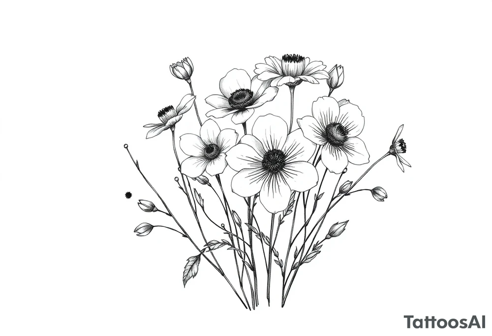A cluster of wildflowers, with solid black shadows at the base and lighter stippling toward the petals. Some flowers in full bloom while some petals wilting or dropping symbolizing the passage of time. tattoo idea